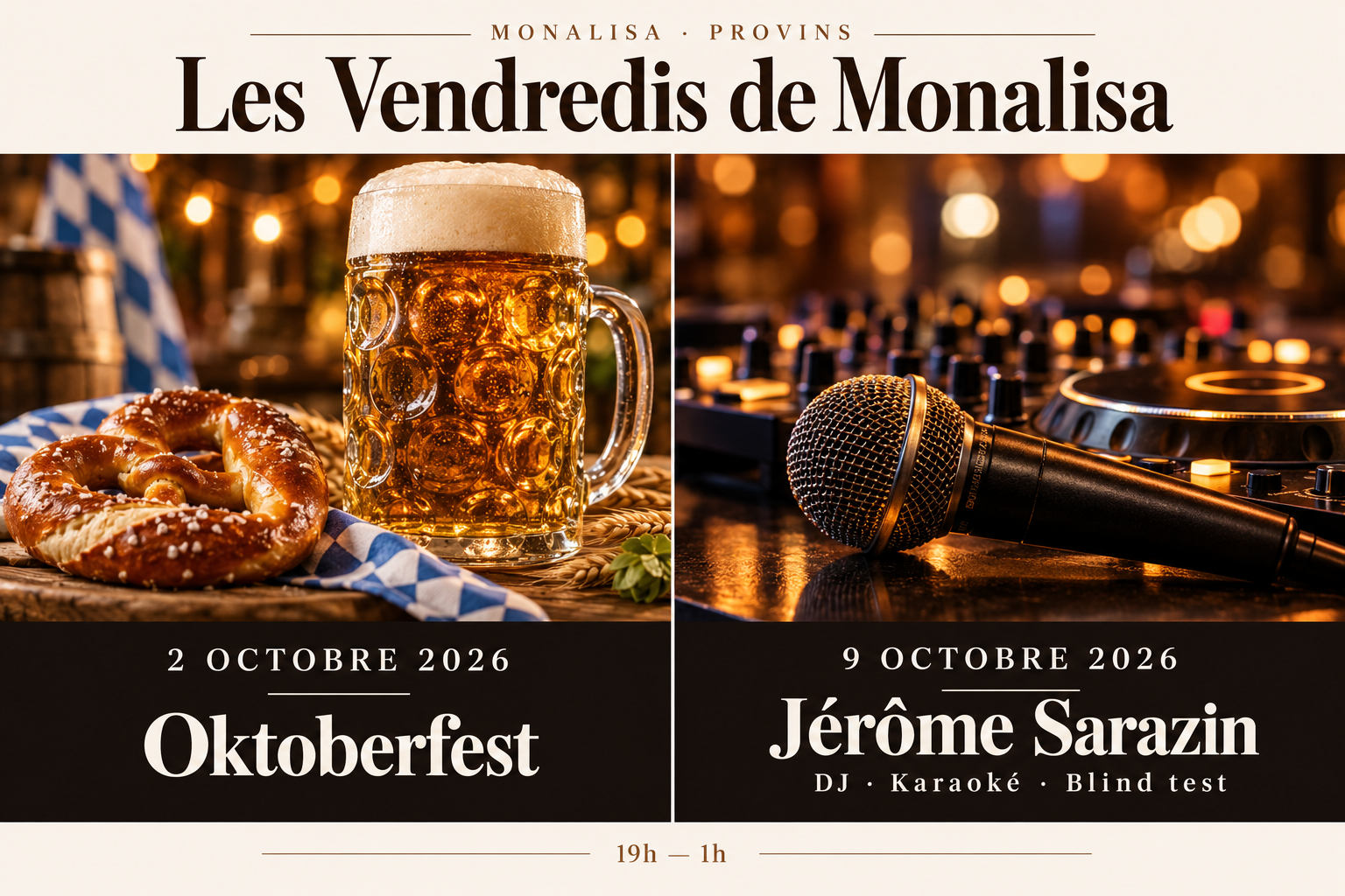 Les Vendredis de Monalisa à Provins : Oktoberfest le 2 octobre 2026 et soirée DJ, karaoké et blind test avec Jérôme Sarazin le 9 octobre, de 19h à 1h.